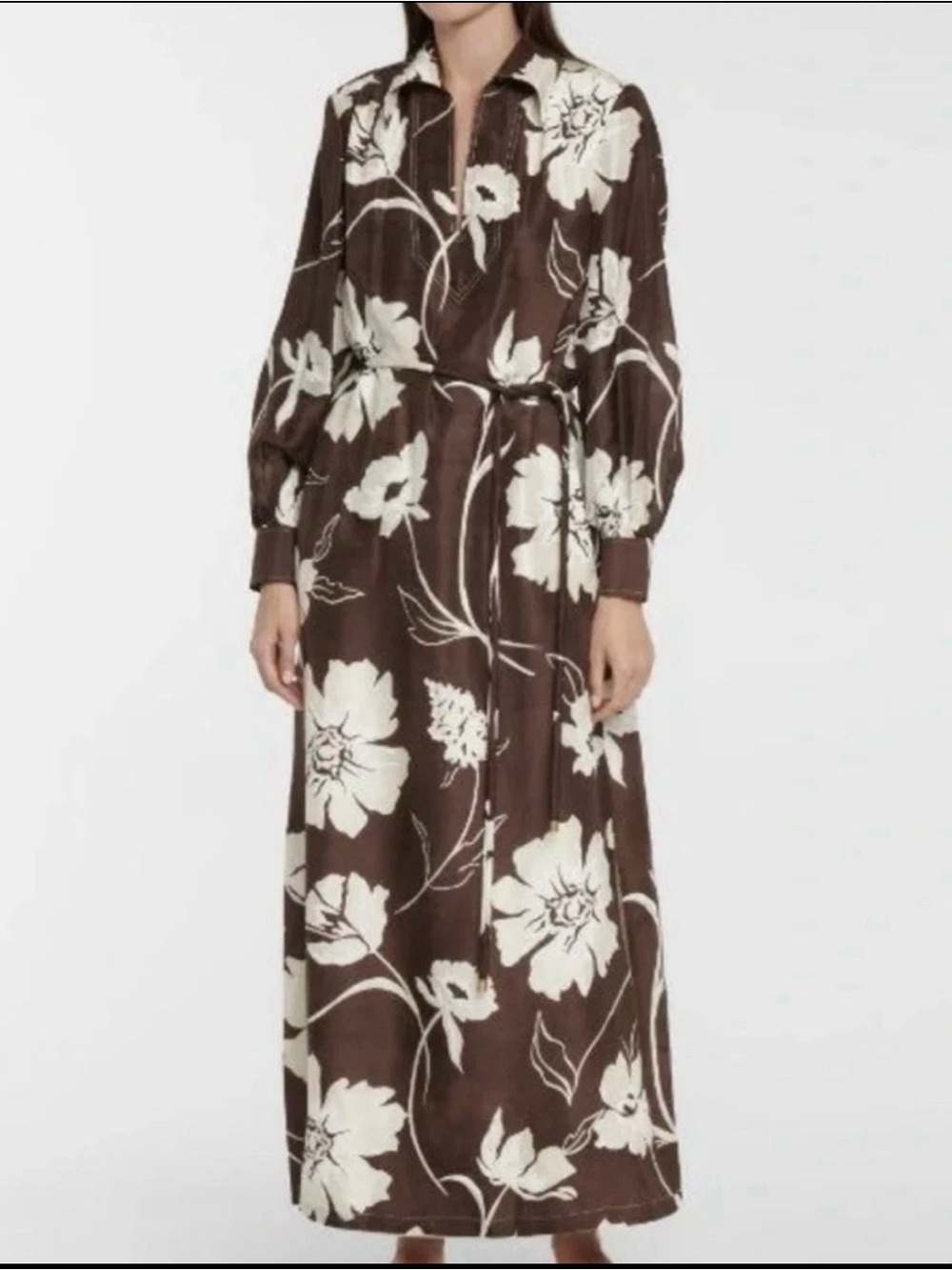 Brown Floral Long Sleeve Maxi Dress with Cream Blooms 100% Silk - Tory Burch